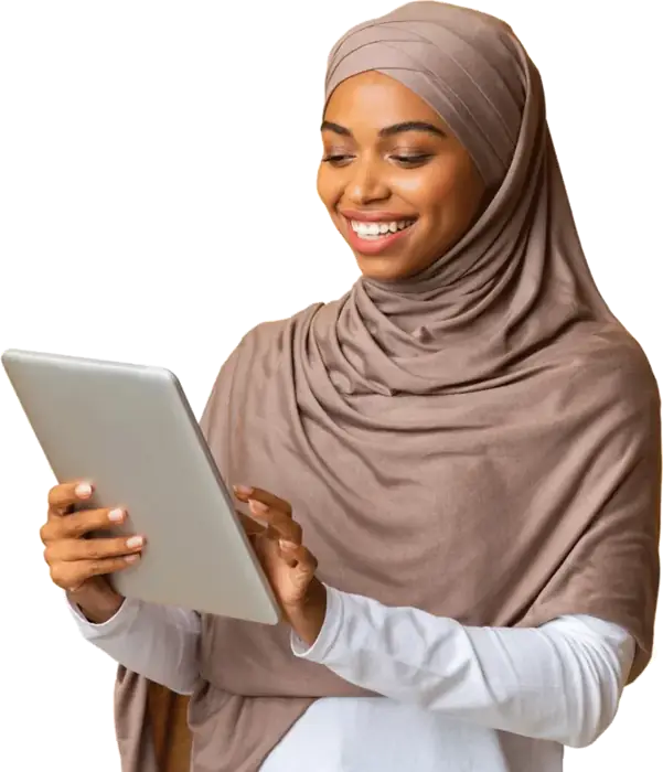 A smiling woman exploring opportunities on her tablet